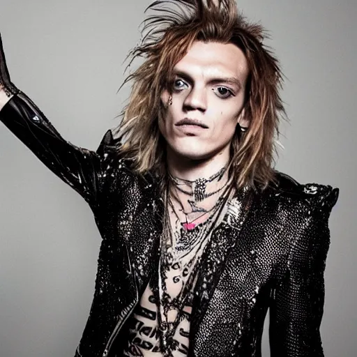 Image similar to Jamie Campbell Bower as a glam rock god, studio photograph for his new hair metal album