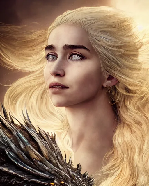 Prompt: closeup portrait of happy beautiful daenerys targaryen leaning against dragons, long blonde windblown hair and dragonskin armor, standing on a ledge of a mountain, glamour pose, detailed illustration, digital art, trending on artstation, soft ambient lighting, volumetric lighting, rim lighting, yoshitaka amano, daniel merriam, alphonse mucha, arney freytag