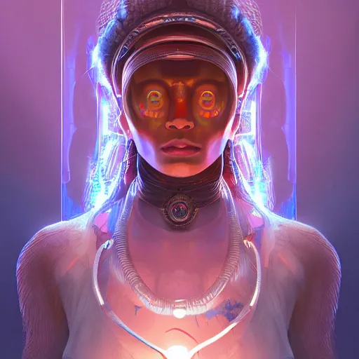 Image similar to detailed portrait of a futuristic sci - fi shaman in an impressive scene. extremely detailed. beautiful lighting. trending on artstation.