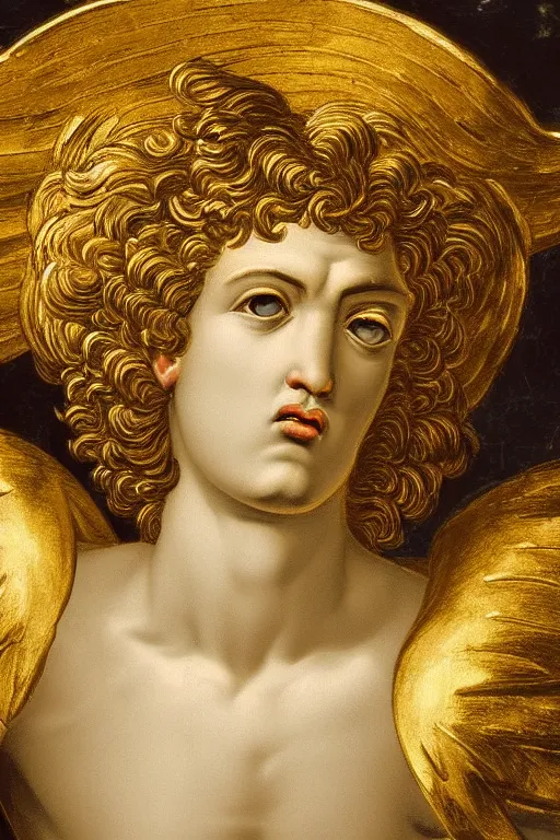 Image similar to archangel Michael, crying face, closeup, ultra detailed, made in gold, Guido Reni style