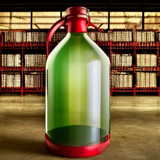 Prompt: an award - winning photo of a translucent glass vodka bottle in the shape and style of a propane cylinder with a red gradient in a warehouse, dramatic lighting, wide angle lens, ƒ / 8, behance