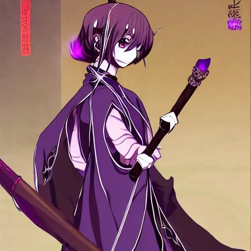 Image similar to an attractive anime female necromancer mage symmetrical, donned in black cloak with purple staff full view of character in frame