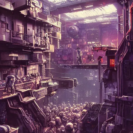 Image similar to highly detailed crowded dense urban used future tenement slum, robots humans and extraterrestrials, inside a crowded space station, jim henson creature shop, 1 9 8 0 s science fiction, 1 9 7 0 s science fiction, alien 1 9 7 9, cyberpunk, 3 d oil painting, depth perception, 4 k, artstation