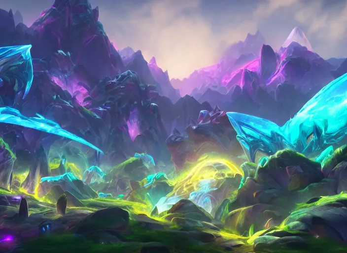 Image similar to landscape portrait of mysterious crystal biome with glowwave dragons from league of legends, au naturel, hyper detailed, digital art, trending in artstation, cinematic lighting, studio quality, smooth render, unreal engine 5 rendered, octane rendered, art style by pixar dreamworks warner bros disney riot games and overwatch.