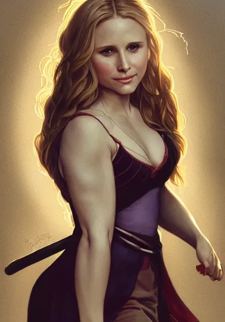 Image similar to kristen bell as buffy the vampire slayer, intricate, elegant, highly detailed, digital painting, artstation, concept art, smooth, sharp focus, illustration, art by artgerm and greg rutkowski and alphonse mucha and william - adolphe bouguereau