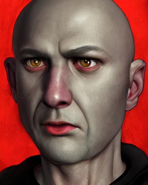 Image similar to portrait of a 4 0 - year - old bald character, male, with a white complexion, wide, cat - like scarlet eyes, a nose flat like a snake's nose, and a thin mouth, wearing in black clothes, hyper realistic face, beautiful eyes, character art, art by mark brooks, hyperdetailed, cryengine, trending on artstation, digital art