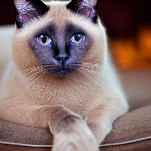 Prompt: beautifully composed photograph of a Siamese cat sitting on a tuffet, highly detailed, brilliant blue eyes, wise beyond words