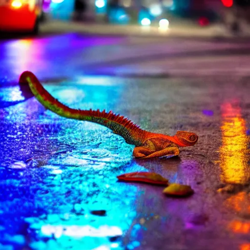 Prompt: Chameleon, rain, neon lights reflecting off the street, low wide shot, 8k, colorful, award winning photo