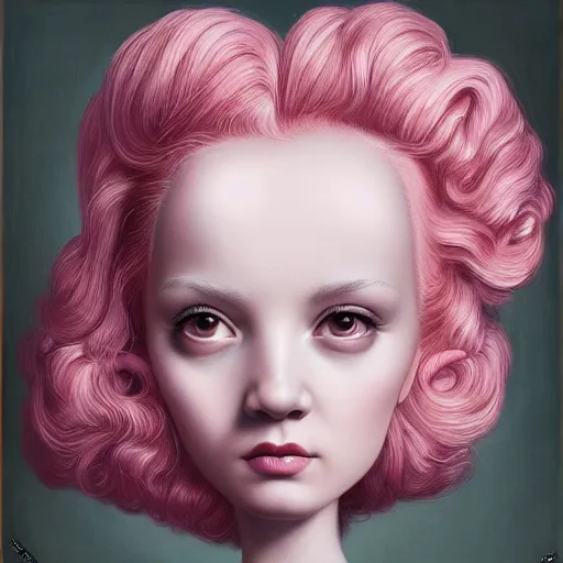 Image similar to a portrait of a beautiful woman with pink hair by mark ryden insanely quality, elegant, highly detailed, digital painting, artstation,, concept art, pop, smooth, sharp focus, illustration, art by mark ryden and 3 d 8 k ultra detailed