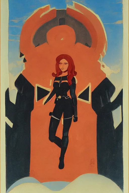 Image similar to black widow ( natasha romanova ), marvel, artwork by nicholas roerich,