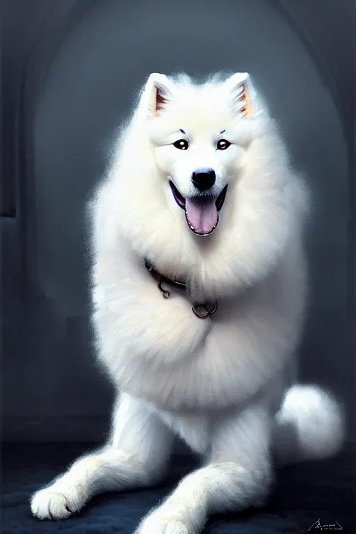 Image similar to pet samoyed with equipment, portrait by anna podedworna and greg rutkowski