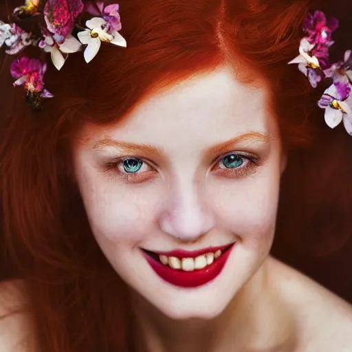 Image similar to !dream Fine art photo of the most beautiful woman, she is redhead, she is posing while maintain a sweet eye contact to the camera, she has a crown of flowers, she has perfect white teeths, the photo was taking by Annie Leibovitz, matte painting, oil painting, naturalism