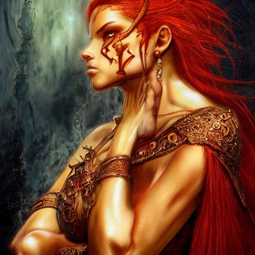 Image similar to portrait of a stunningly beautiful armoured red headed ifrit genie - kin paladin, female, close up, fantasy, intricate, elegant, highly detailed, digital painting, artstation, concept art, sharp focus, illustration, art by luis royo, wayne barlowe, kirsi salonen, asya yoranova and alan lee