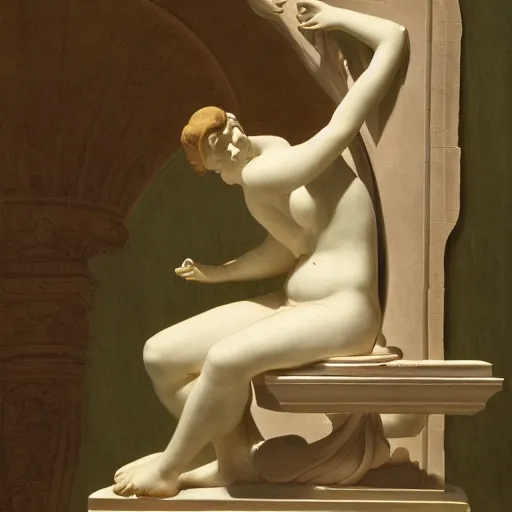 Image similar to close - up of a girl in a temple, film still by wes anderson, depicted by canova, by leon battista alberti, limited color palette, very intricate, art nouveau, highly detailed, lights by hopper, soft pastel colors, minimalist