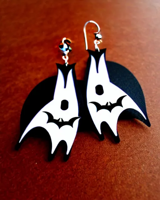 Image similar to spooky cartoon bat, 2 d lasercut earrings, in the style of tim burton