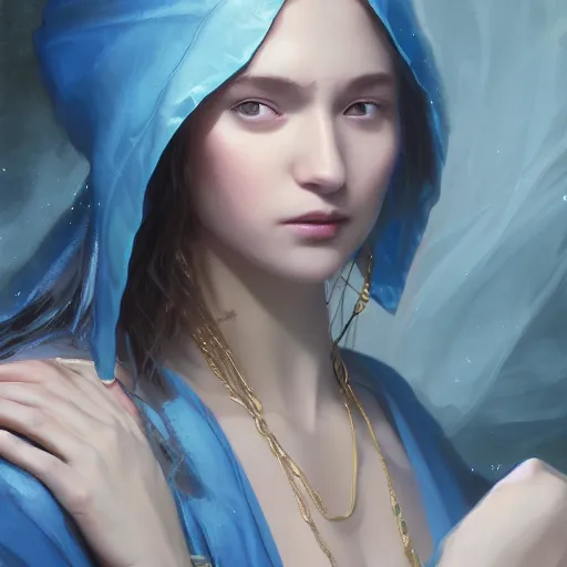 Prompt: Beautiful female wizard in blue and iridescent robes, 4k oil on linen by wlop, artgerm, andrei riabovitchev, nuri iyem, james gurney, james jean, greg rutkowski, highly detailed, soft lighting 8k resolution