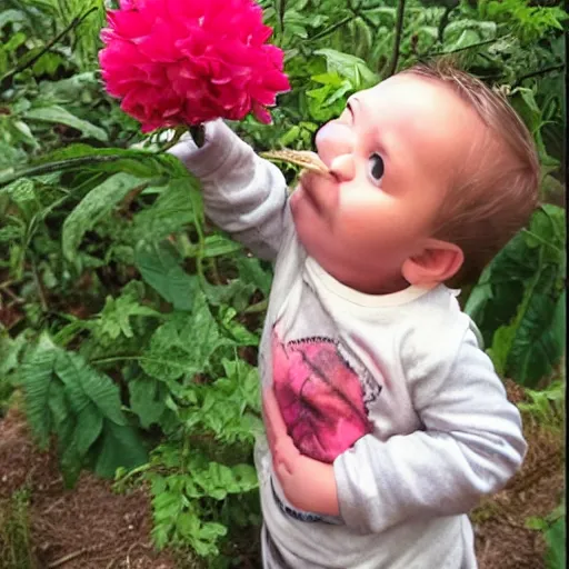 Prompt: the most disgusting monster in the world, holding and smelling a flower