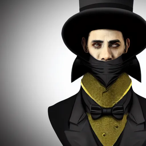 Image similar to a highly detailed portrait of a man in a high top hat covering his face, in a black tailcoat with a yellow waistcoat under the tailcoat, artstation, deviantart, professional, unreal engine 5, photorealistic