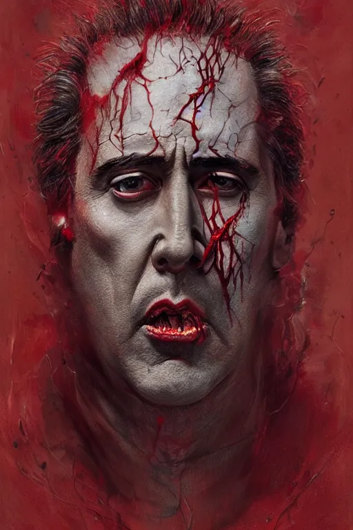 Prompt: Many faces of Nicolas Cage which crawls under the hood of distorted creature, dark fantasy, intricate, red, highly detailed, smooth, artstation, painted by Wayne Barlowe, Greg Rutkowski, zdislav beksinski, Francis Bacon