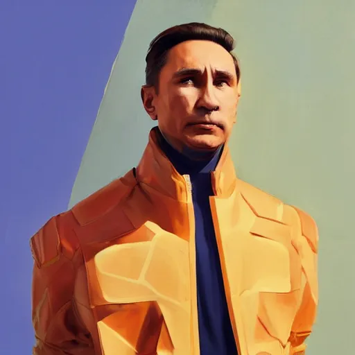 Prompt: Portrait painting Vladmir putin wearing a jacket and a collar, as an Overwatch character, medium shot, asymmetrical, profile picture, Organic Painting, sunny day, Matte Painting, bold shapes, hard edges, street art, trending on artstation, by Huang Guangjian and Gil Elvgren and Sachin Teng