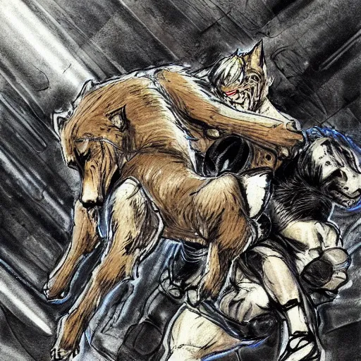 Image similar to a humanoid german shepherd beast - man wrestling with another german shepherd in the middle of an arena, pencil art, added detail, high definiton, colored, aerial viewyoji shinkawa