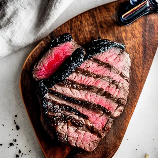 Image similar to A perfectly guitar shaped perfectly cooked rare steak, blue meat, food photography, 35mm, macro