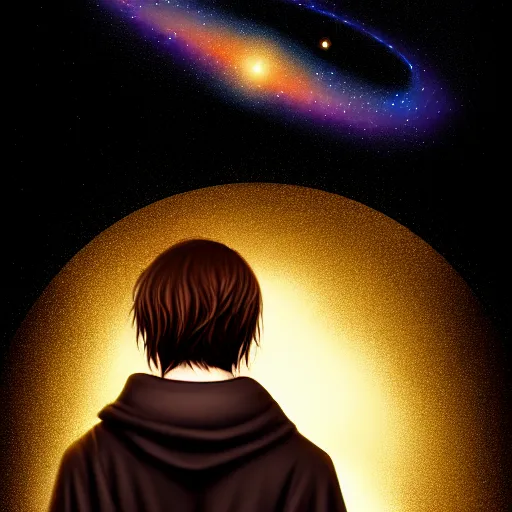 Image similar to a man with with brown hair, wearing a black robe with the tips made of gold, setting in space with a galaxy in the backround, depth of field, on amino, by sakimichan patreon, wlop, weibo high quality art on artstation