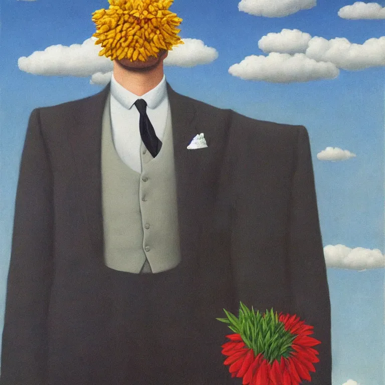 Image similar to portrait of a faceless beautiful flower - head man in a suit, clouds in the background, by rene magritte, detailed painting, distance, middle centered, hd, hq, high resolution, high detail, 4 k, 8 k