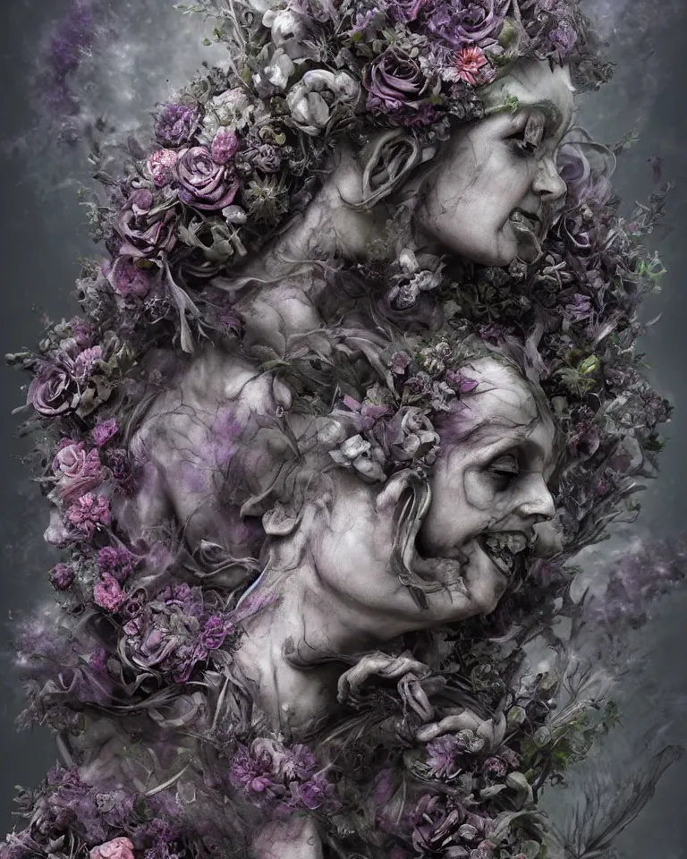 Image similar to portrait of a gothic cemetery statue made of mist and flowers breaking apart and mutating into mist, cosmic horror, Andrew Ferez, Charlie Bowater, Marco Mazzoni, Seb McKinnon, Ryohei Hase, Alberto Seveso, Kim Keever, trending on cgsociety, featured on zbrush central, new sculpture, mystical