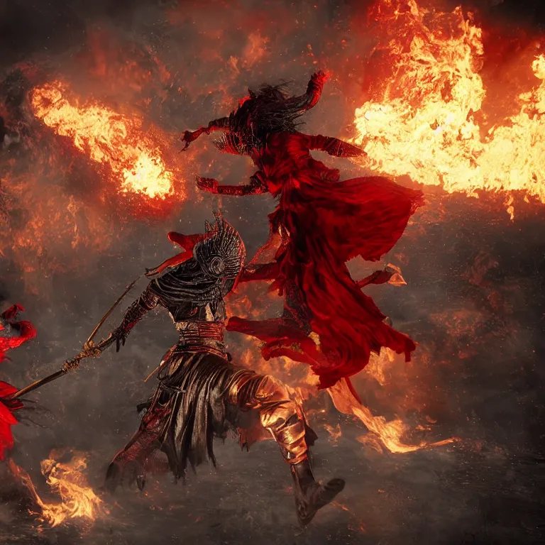 Prompt: black man and a female devil in red dress are dancing together in fire, Dark Souls 3 themed, in style of Ruan Jia, insanely detailed and intricate, golden ratio, elegant, ornate, luxury, elite, matte painting, cinematic, cgsociety, James jean, Brian froud, ross tran, Laputa