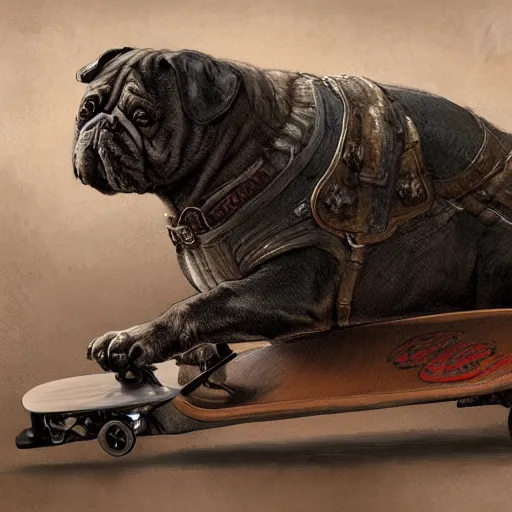 Image similar to morbidly obese dog riding a skateboard, illustration, full body, high quality, intricate details, details, craig mullins, intricate, atmosphere, highly detailed, matte painting, cinematic, deviantart, realistic, photorealistic, concept art