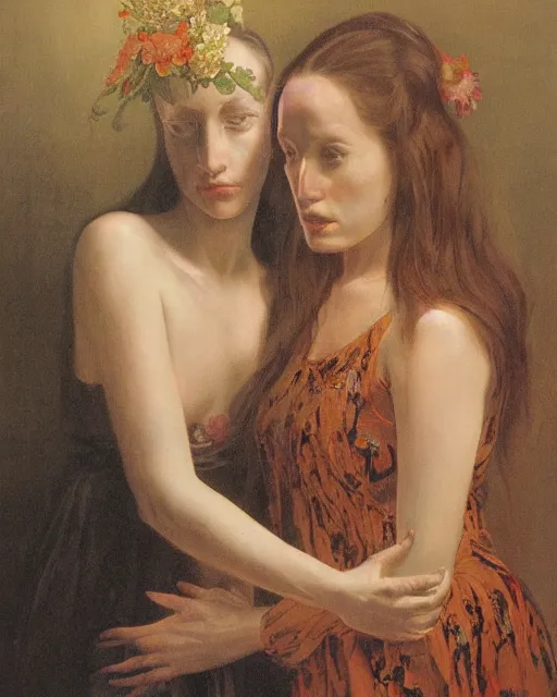 Image similar to a beautiful and eerie baroque painting of two women who are beautiful but creepy, wearing floral dresses, with haunted eyes and dark hair, 1 9 7 0 s, seventies, wallpaper, a little blood, morning light showing injuries, delicate embellishments, painterly, offset printing technique, by brom, robert henri, walter popp