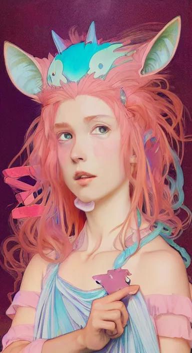 Prompt: Portrait of Youppi as a shiny pink and cyan legendary pokémon. Beautiful digital art by Greg Rutkowski and Alphonse Mucha. Cat ears