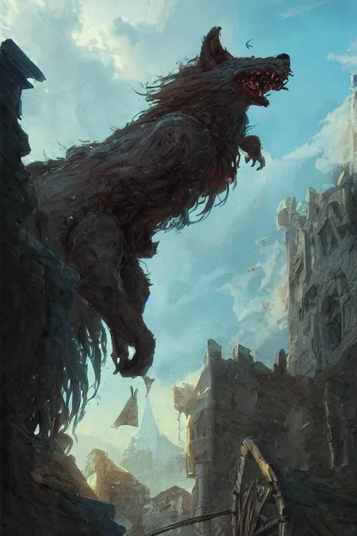 Prompt: a beautiful artwork illustration, fenrir standing over a medieval village, destruction, by Greg Rutkowski and Jesper Ejsing and Raymond Swanland, featured on artstation, wide angle, vertical orientation