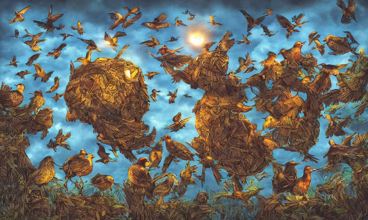 Prompt: discworld theme, flocking birds, 3 d art, digital illustration, perfect lighting