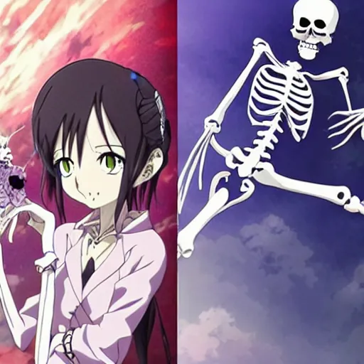 Image similar to anime key visual for a female necromancer and her skeleton friend, from a slice of life anime. tv anime series, kyoto animation, by phil noto ( 2 0 2 2 )