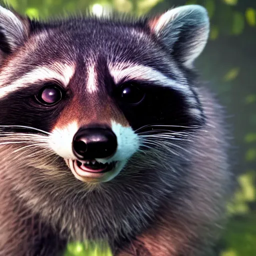 Image similar to a hyperrealistic octane render of a raccoon with camera lenses for eyes, photorealism, unreal engine, dramatic lighting, volumetric lighting, uplighting