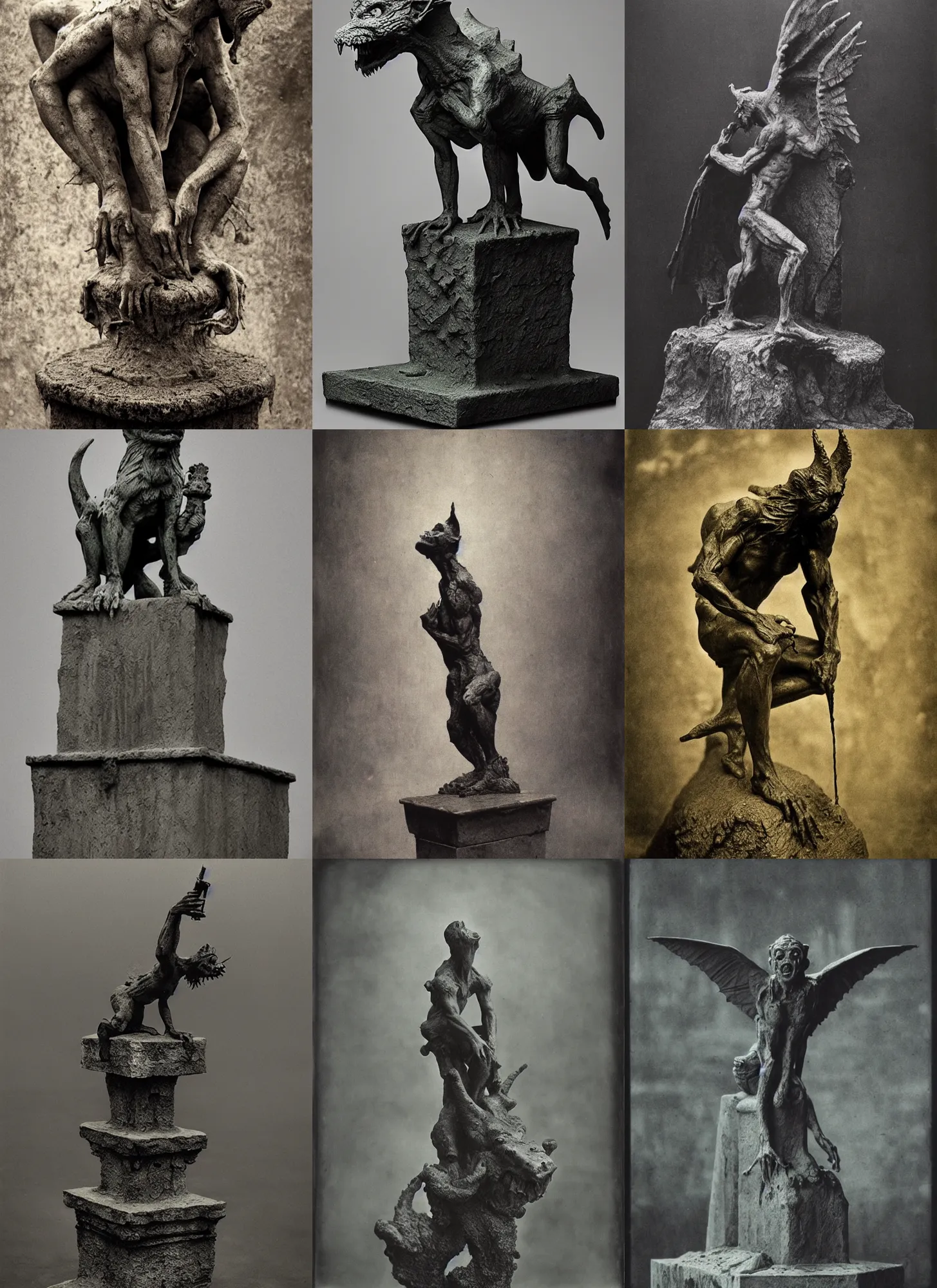 Prompt: wet plate photography, gargoyle statue, beksinski