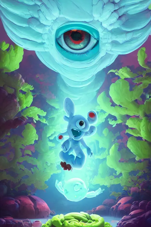 Image similar to smurf ghost creature animal sushi cristal very big eye roots cactus elemental flush of force nature micro world fluo fishscale, behance hd by jesper ejsing, by rhads, makoto shinkai and lois van baarle, ilya kuvshinov, rossdraws radiating a glowing aura global illumination ray tracing hdr