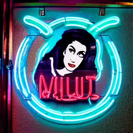 Image similar to amy winehouse outside club 2 7 at nighttime, neon ( club 2 7 ) sign, club 2 7 neon sign