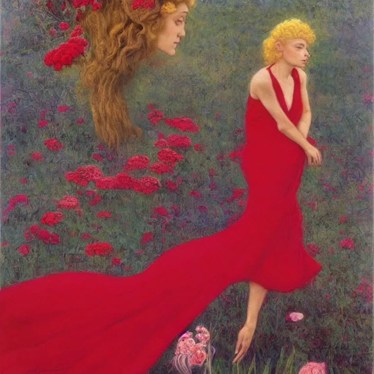 Image similar to Standing woman in a Red dress, with white hair on a golden background, with pink flowers photorealism Edward Robert Hughes,Stanisław Szukalski and Roger Dean