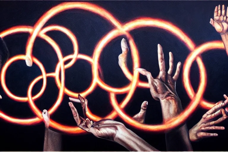 Image similar to ( ( a beautiful 8 k photorealistic masterpiece oil painting ) ( of ( a group of people standing in a ring trying to change the action of the mechanisms with their hands ) ) ( logo ) ) ( hyperrealism ) ( 1 6 k ) ( in a dark circle as the background )