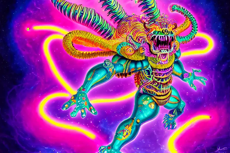 Image similar to lisa frank illustration of rebulon the ancient demon, painted by lisa frank, masterpiece concept art, 8 k, intricate detail, cinematic lighting, epic pose, bright colors