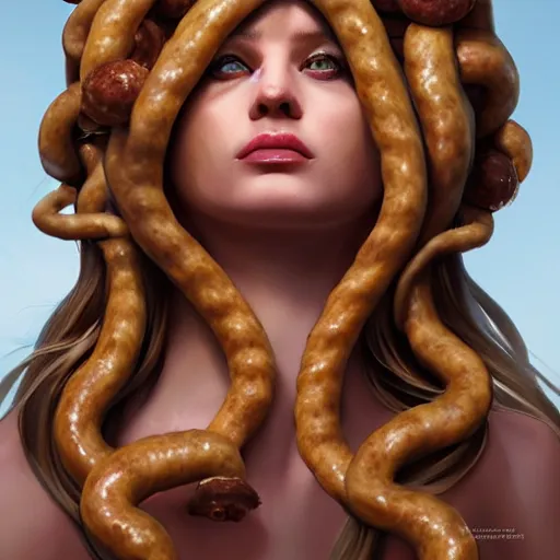 Image similar to medusa with hair made of sausages, award winning creature portrait photography, extremely detailed, artstation, 8 k, sensual lighting, incredible art, wlop, artgerm