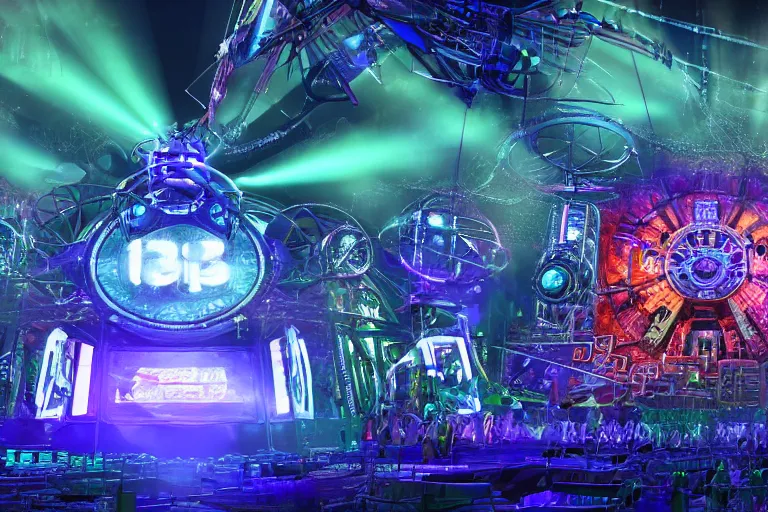 Image similar to an outdoor festival stage with audience, big 3 d letters tripmachine, center of the stage is a big futuristic steampunk machine with gears and belts and tubes, surrounded by big screens and loudspeakers, rock musicians on the stage, laser show, 8 k, fluorescent colors, halluzinogenic, multicolored, exaggerated detailed, unreal engine