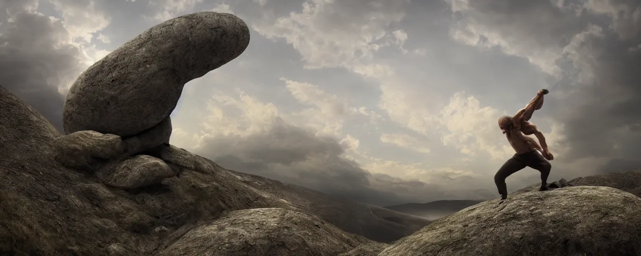 Prompt: Sisyphus pushing a large and round boulder up a mountain, the stone is rolling up, sisyphus looks tired and dejected, the mountain is steep, melancholic mood, photo realistic, 8k, HDR, ultra detailed, close up shot, movie poster, cinematic composition, trending on artstation