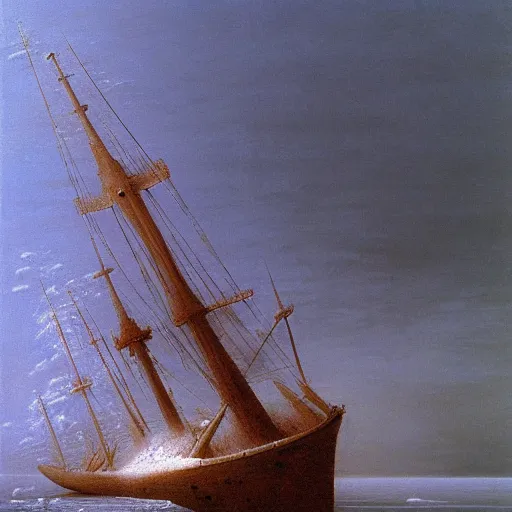 Image similar to an ice gunboat by Zdzisław Beksiński, oil on canvas