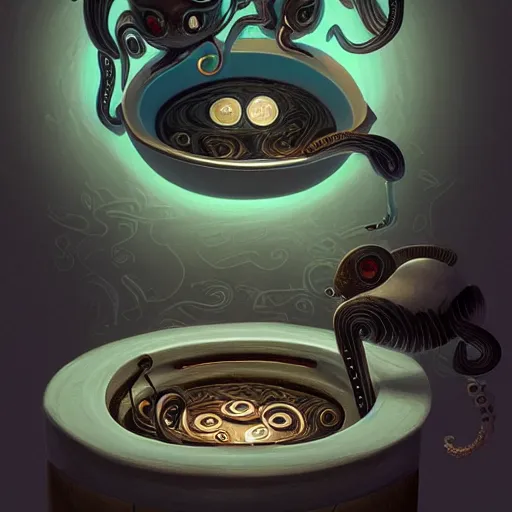 Image similar to toilet bowls with eyes and tentacles, digital artstation painting 8k intricate dramatic light