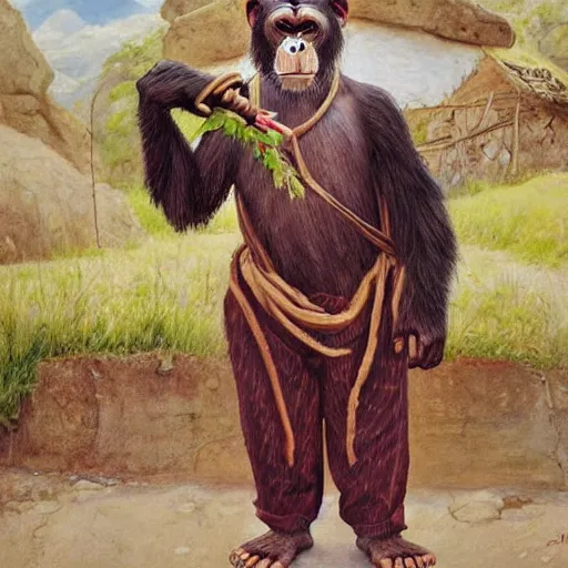 Image similar to beautiful painting by sophie anderson of a chimpanzee wearing traditional men kurdish clothes shalvar baggy pants and white shirt with a large sash tied around the waist in a kurdish village, award winning art, insanely detailed, bright colors, global illumination, cute, young, stunning