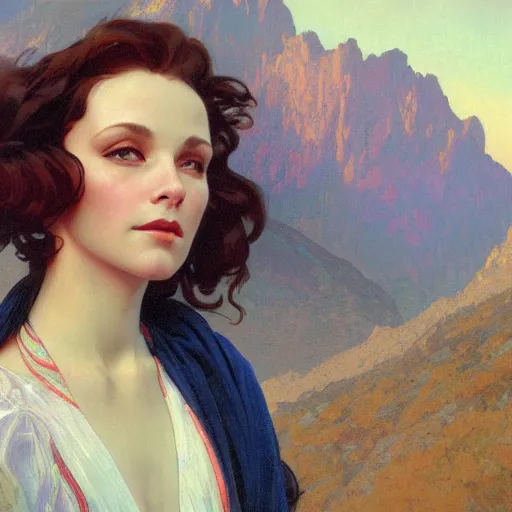 Image similar to a beautiful closeup portrait of a young vivian leigh, mountain background, serene colors, dramatic light, gorgeous view, depth, high detail, digital art, painted by alphonse mucha and greg rutkowski, trending on artstation